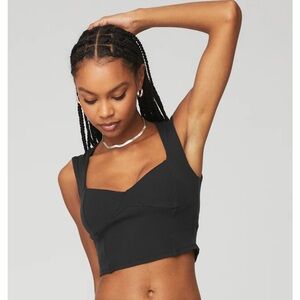 Alo Ribbed Sweetheart Crop Top Black Size XS Cap Sleeve Padded
